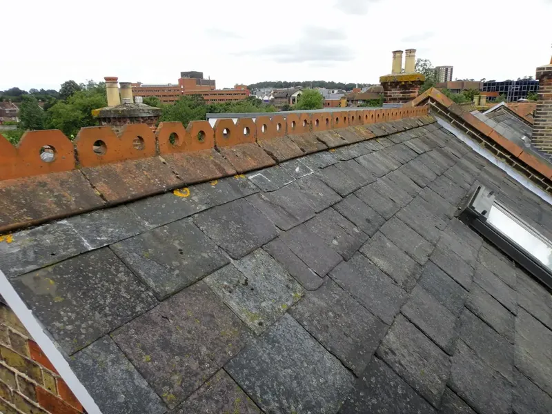 Slate roof slope with a rooflight set into it, seen from the roof of a house being renovated