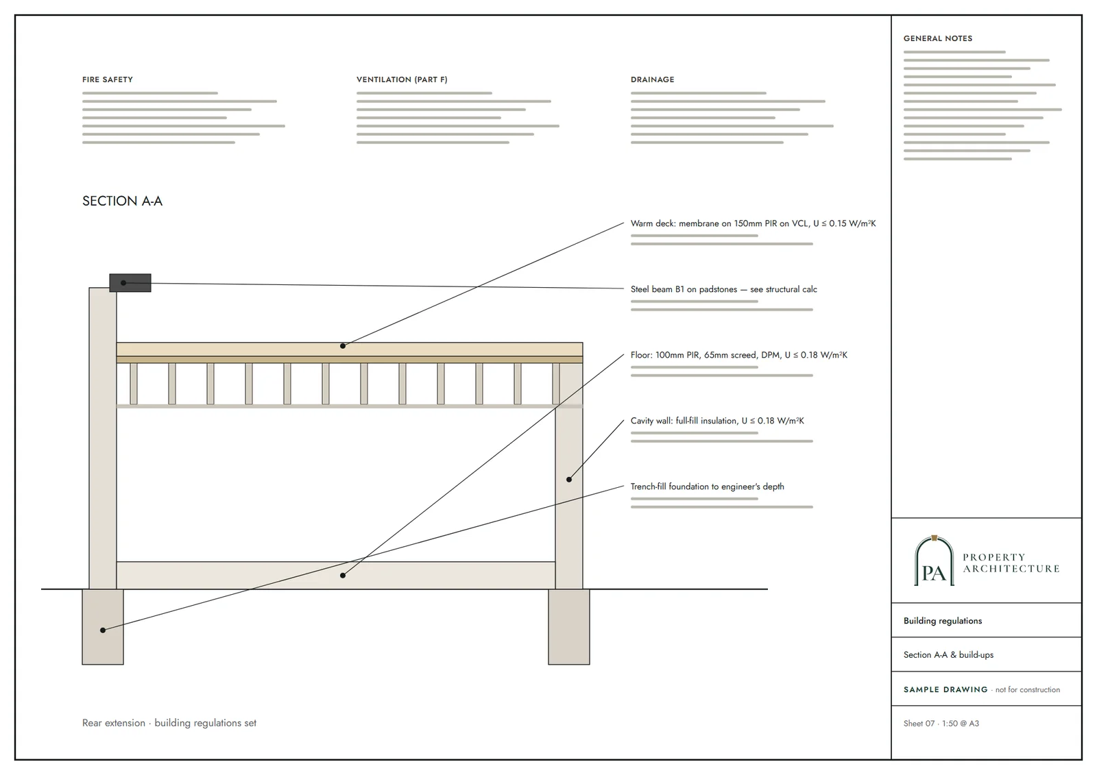 Building regulations section drawing showing the construction build-up