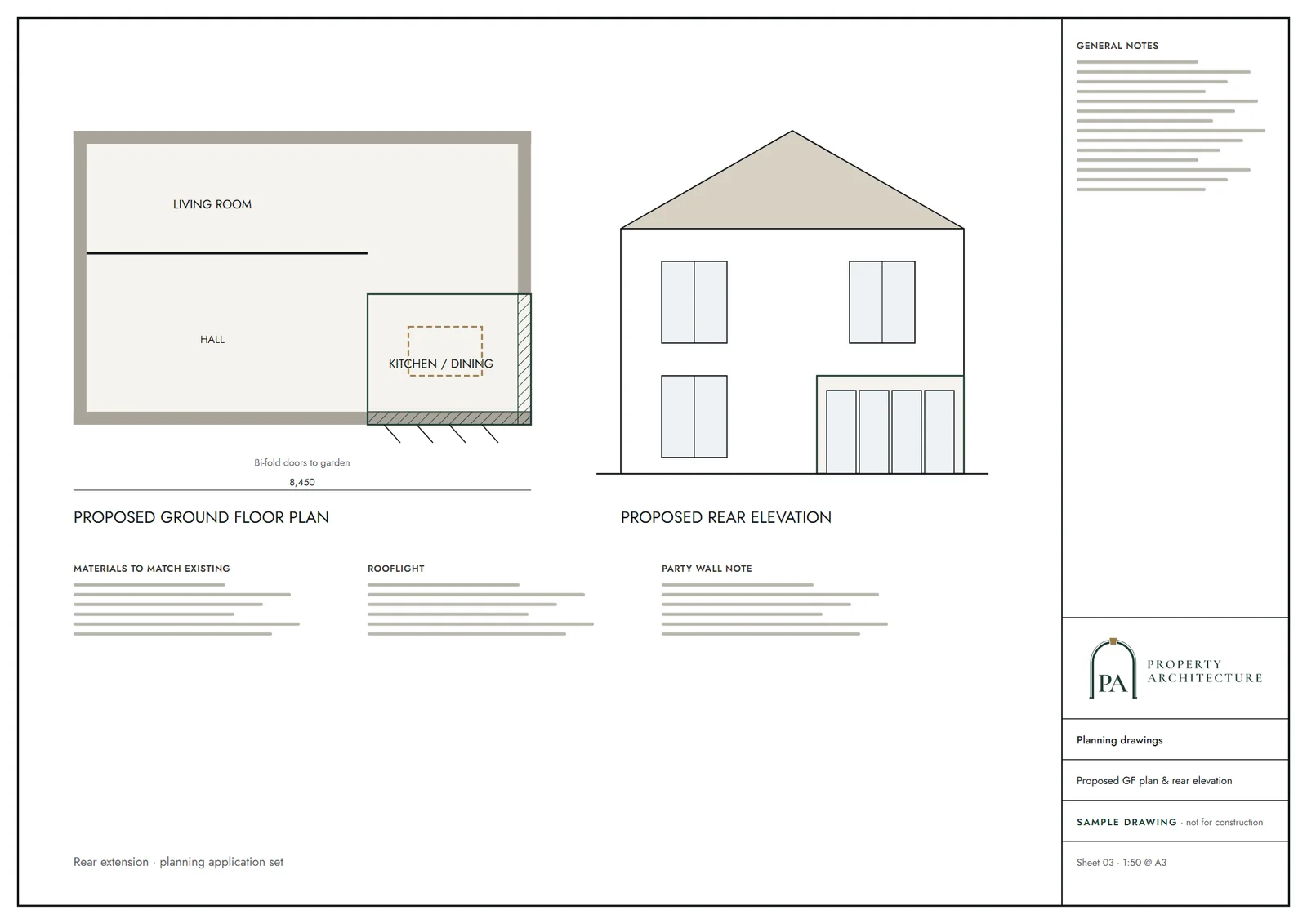 Planning drawing sheet for a rear extension with plans, elevations and sections