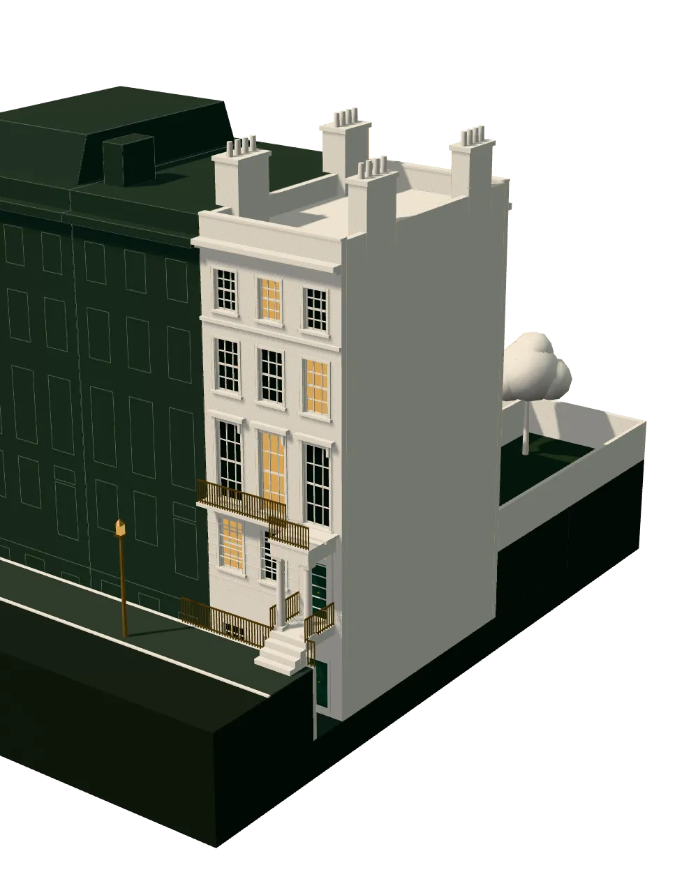 Architectural model of a four-storey London stucco townhouse in its terrace, with a portico, area railings, sash windows, a cornice and chimney stacks