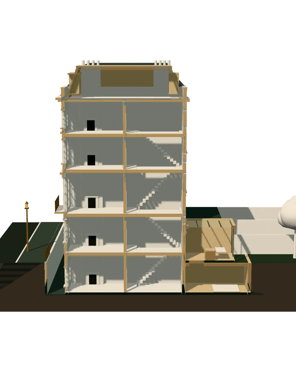 The same model cut through the middle: every floor, the stair, the chimney breasts, the new mansard, rear extension and basement in section