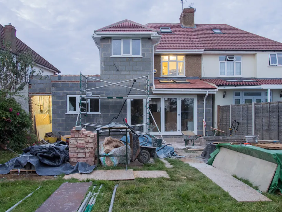 Two-storey rear extension under construction on a semi-detached house